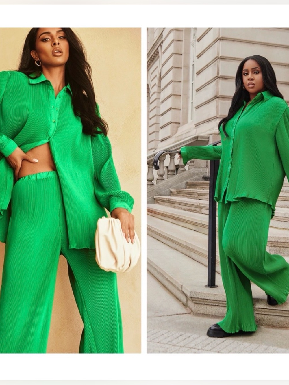 PrettyLittleThing Bright Green Pleated Wide-Leg Pant Set (2 piece).